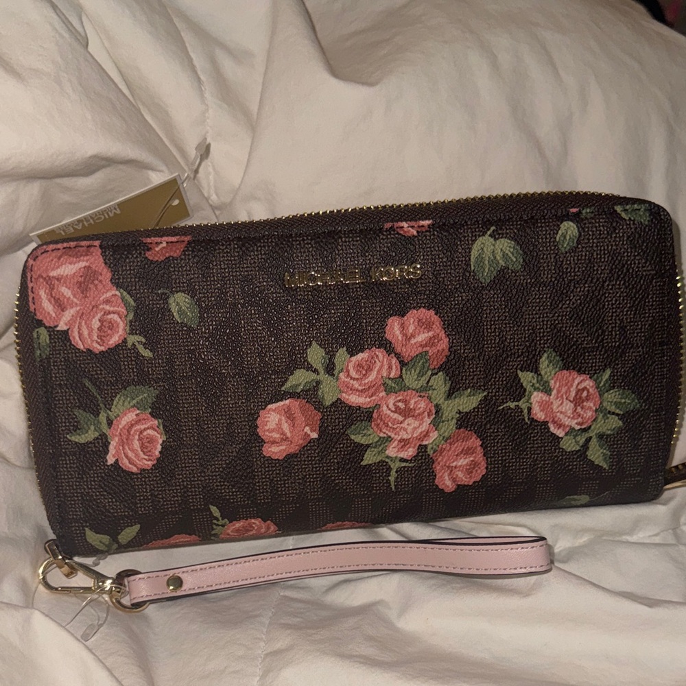 Michael Kors Brown Floral Zip-Around Wristlet Wallet with Pink Roses